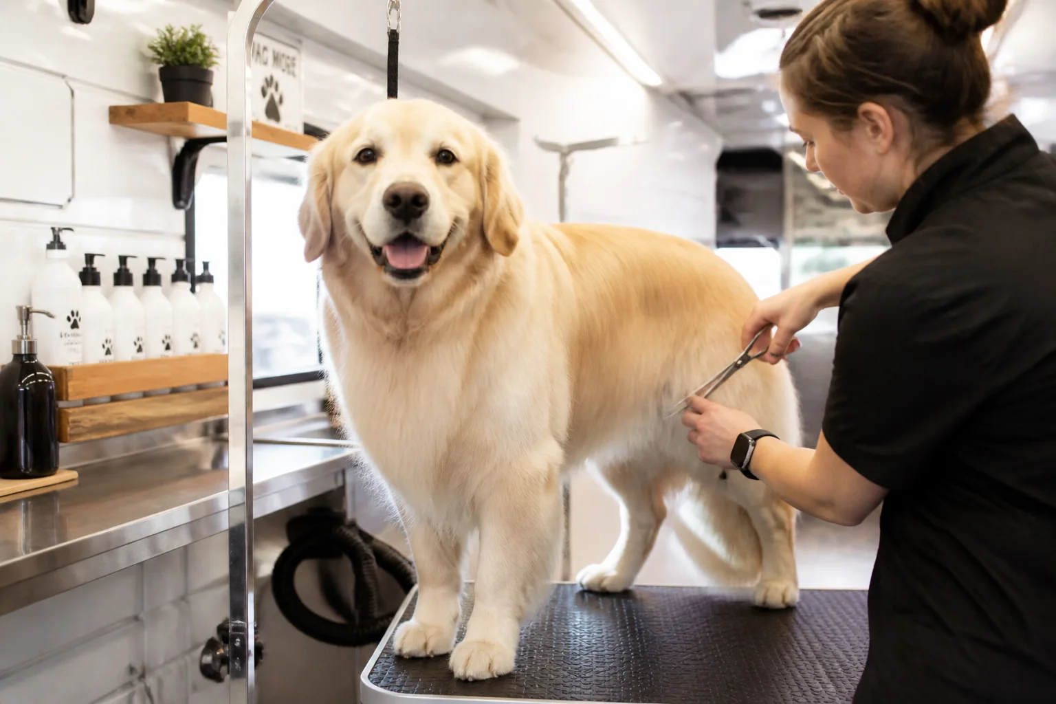 Professional grooming on a calm hound