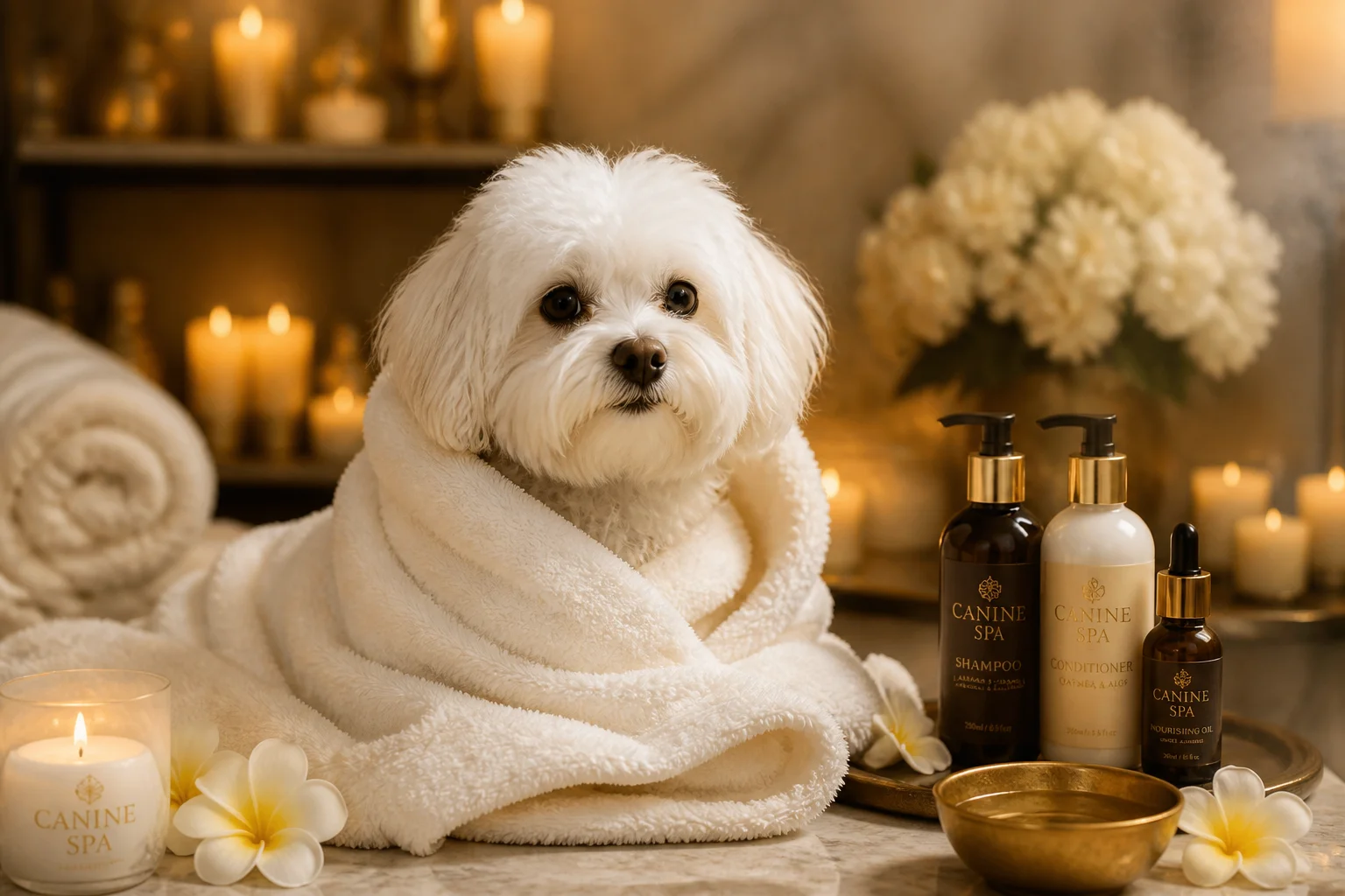 A hound wrapped in soft towels after a spa bath